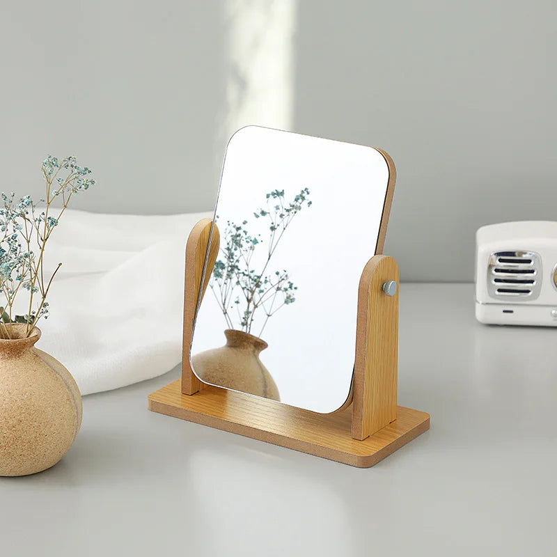 Wooden Makeup Mirror Rotating Desktop - Foldable Portable Table Mirror for Dorm Best Seller